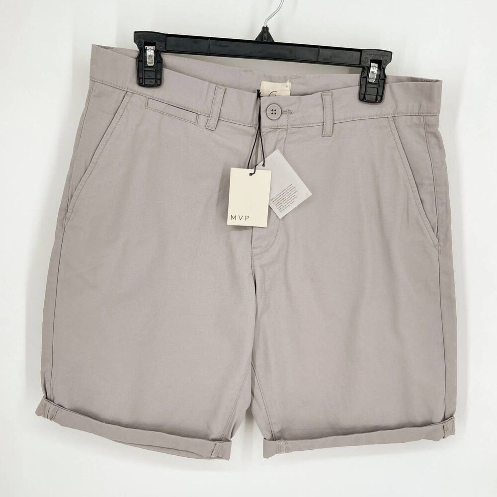 MVP Longer Length Chino Shorts NEW Gray Cuffed Cotton Mens Sz 31 Hiking Outdoors